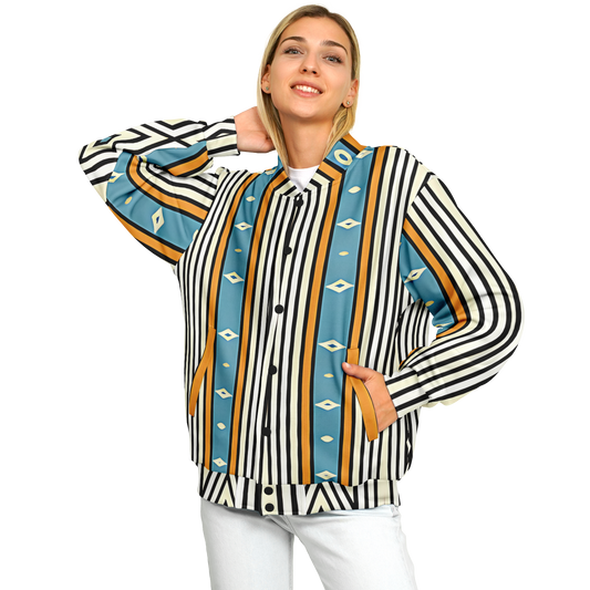 Women's Striped Retro Blue & Orange Patten All Over Print Baseball Jacket
