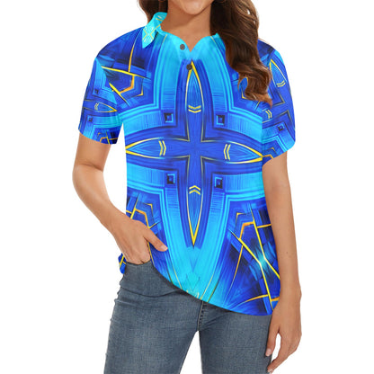 Women Vibrant Blue Geometric All-Over Print  Polo Shirt