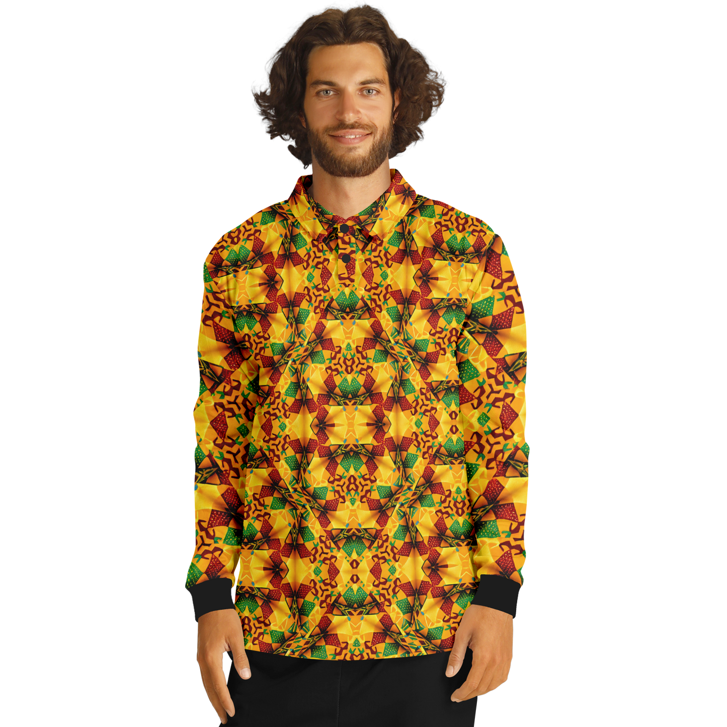 Men’s Vibrant Autumn Kaleidoscope Pattern All Over Print Long Sleeve Polo Shirt