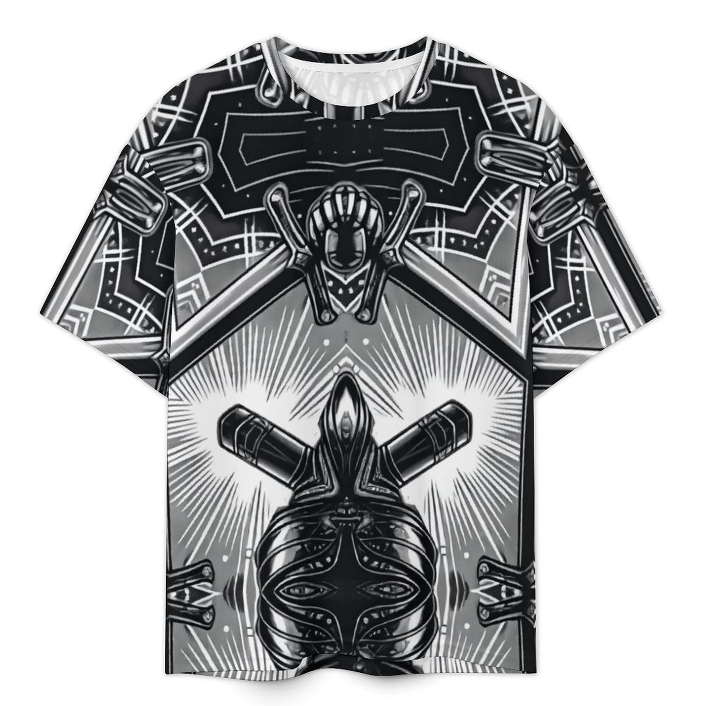Men's Monochrome Kaleidoscope Pattern All-Over Print Plus Size Drop Shoulder T-Shirt