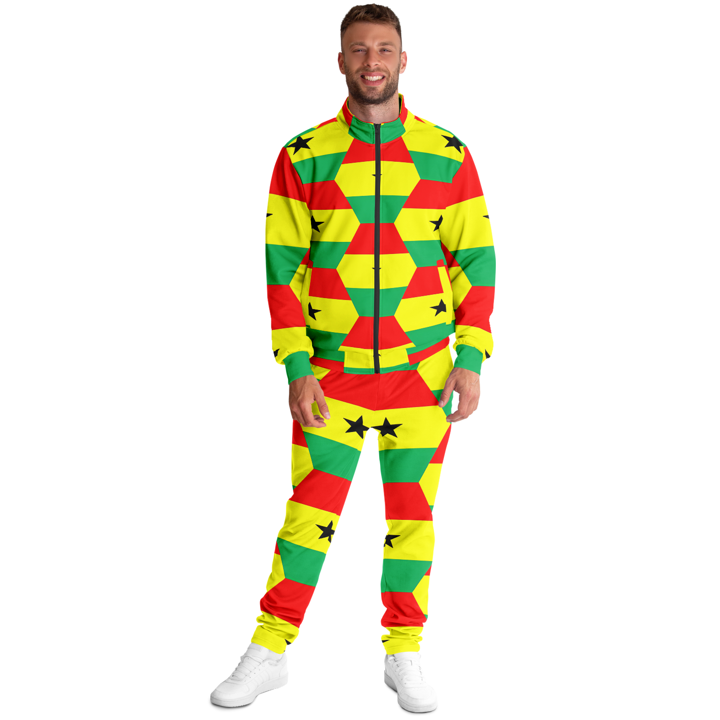 Men's Red Yellow Green Stars Flag Hex Pattern Track Jacket and Pants
