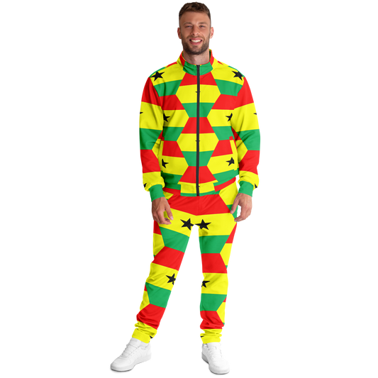 Men's Red Yellow Green Stars Flag Hex Pattern Track Jacket and Pants