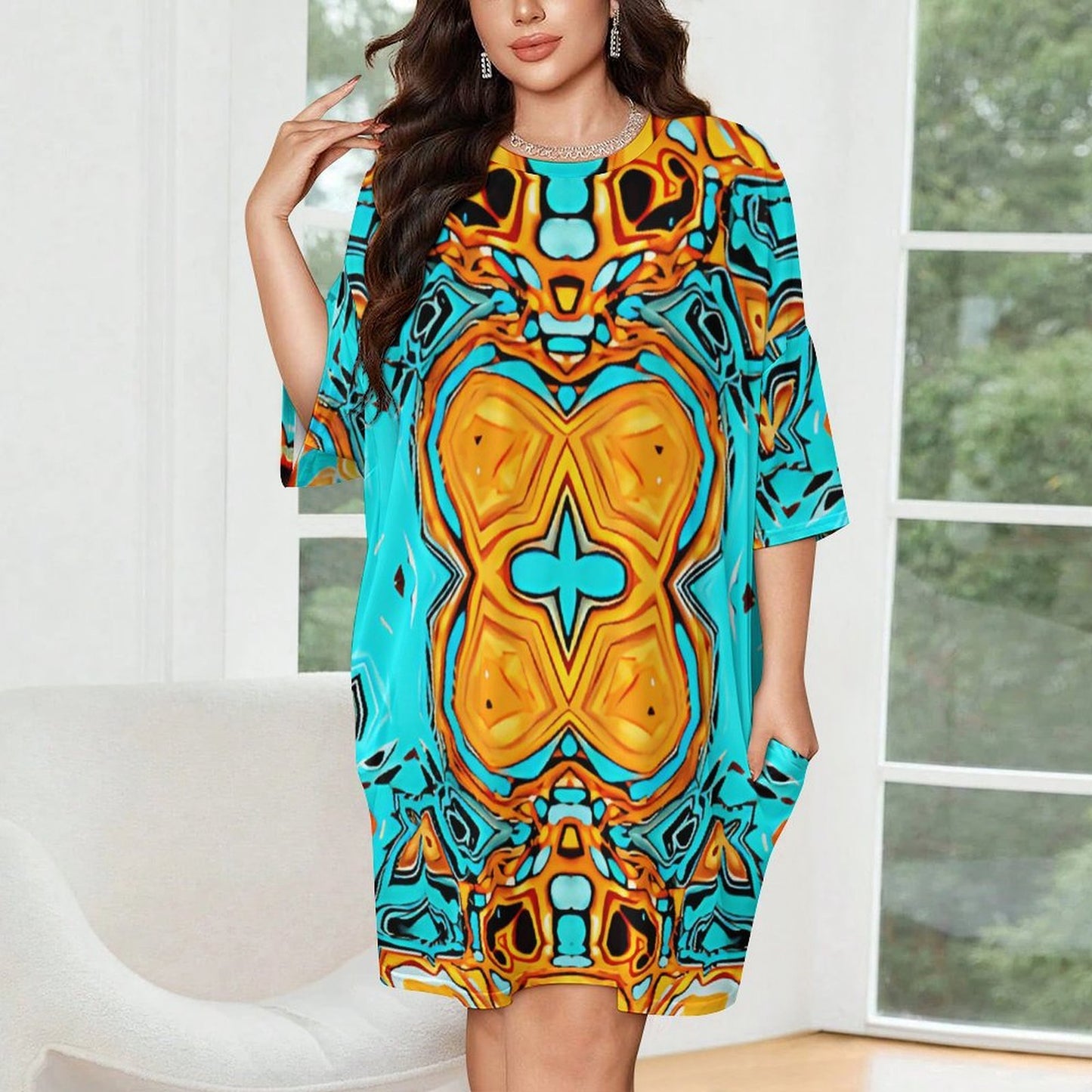 Women's Turquoise & Orange Geometric Pattern All Over Print Oversized T- Shirt Loungewear