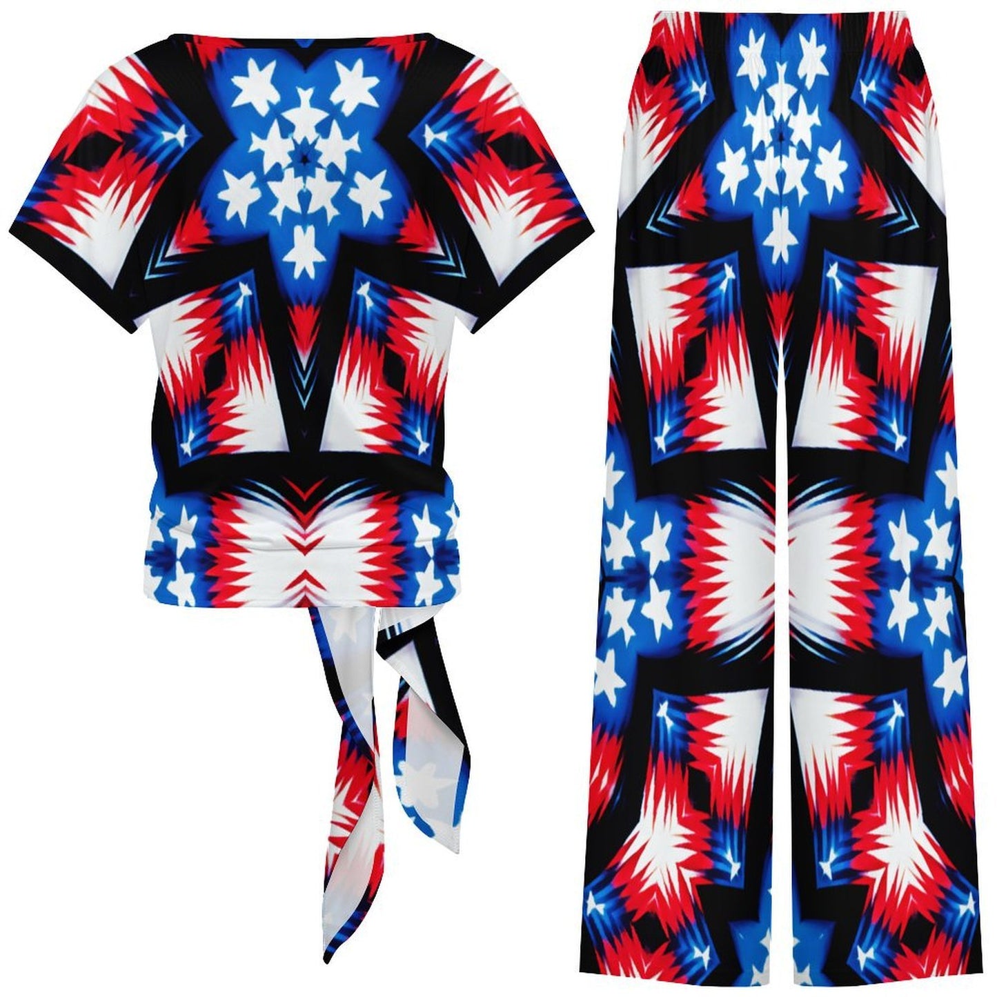 Women's Red White Blue & Black Geometric Pattern All-Over Print Side-Tie Short Sleeve Top & Wide-Leg Pants Set