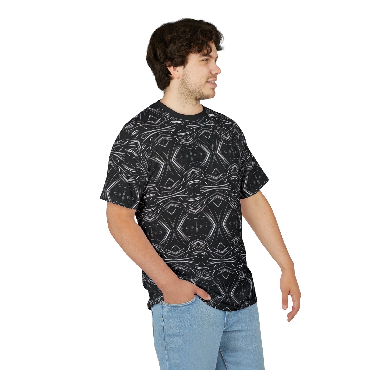 Men's Black Geometric Kaleidoscope Pattern All-Over Print Tee