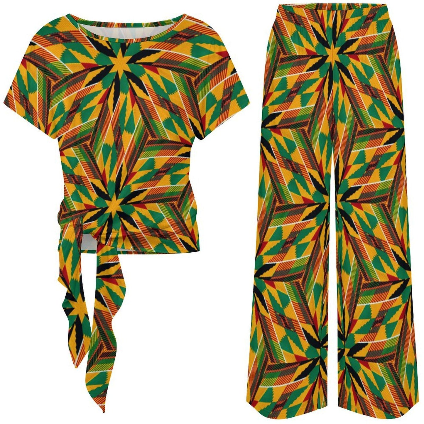 Women's Vibrant African Kente-Inspired Pattern All-Over Print Side-Tie Short Sleeve Top & Wide-Leg Pants Set
