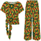 Women's Vibrant African Kente-Inspired Pattern All-Over Print Side-Tie Short Sleeve Top & Wide-Leg Pants Set