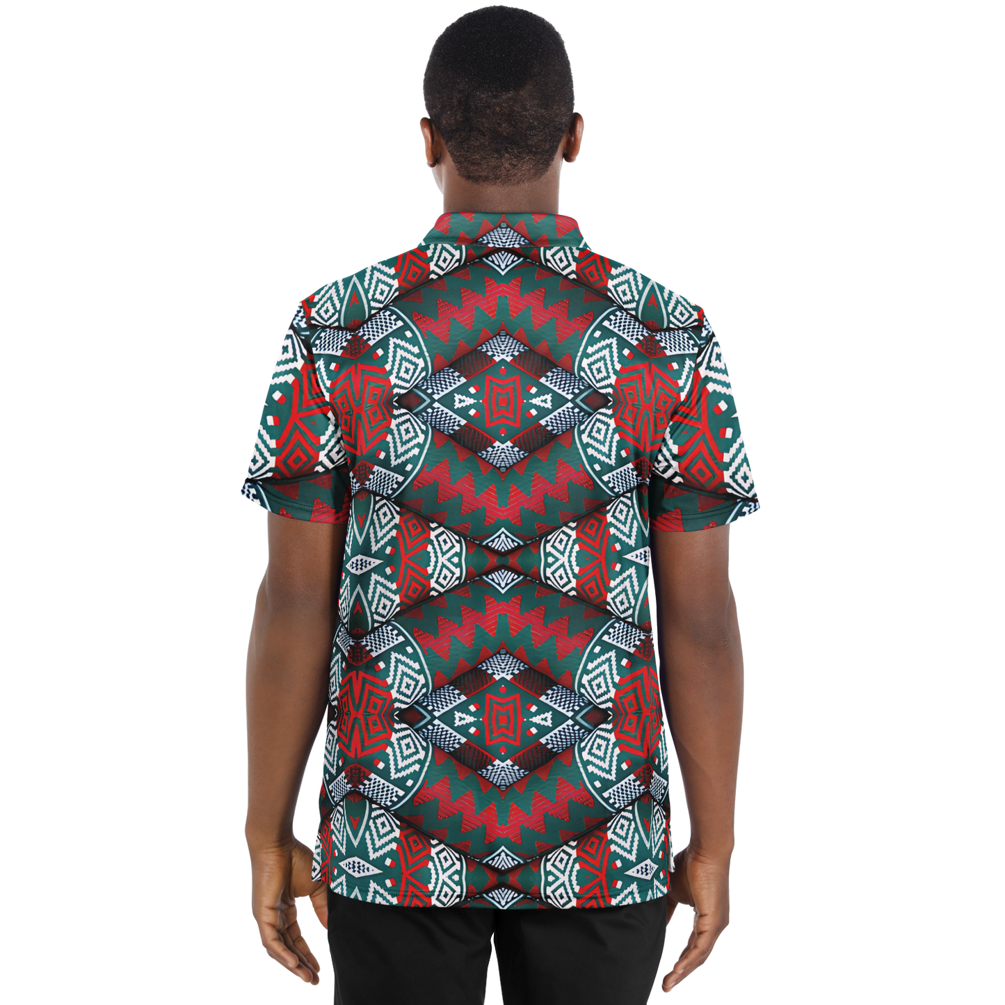 Men's Red, Green & White Teal Aztec Geo Pattern All-Over Print Polo Shirt