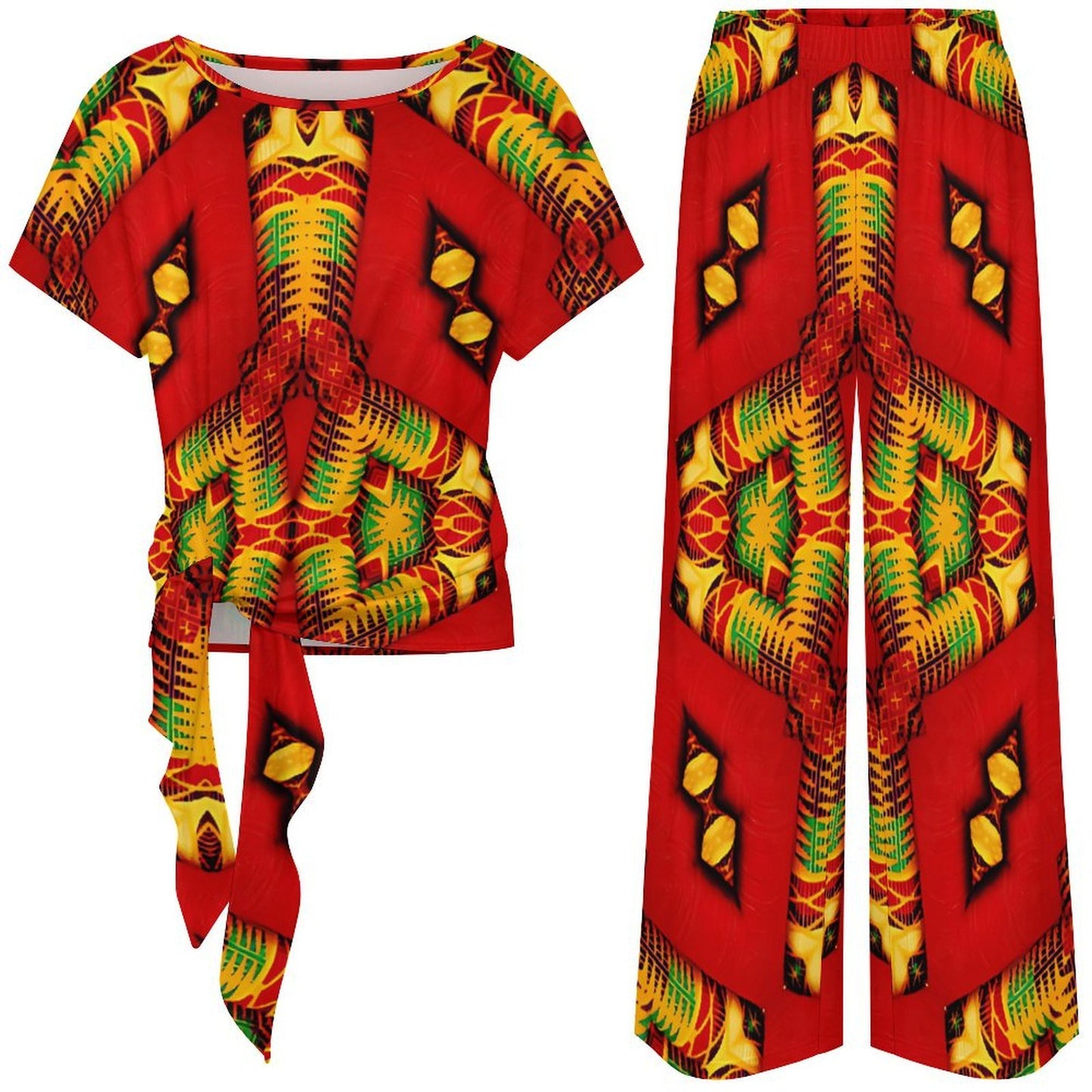 Women's Vibrant African Kente-Inspired Pattern All-Over Print Side-Tie Short Sleeve Top & Wide-Leg Pants Set