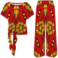 Women's Vibrant African Kente-Inspired Pattern All-Over Print Side-Tie Short Sleeve Top & Wide-Leg Pants Set