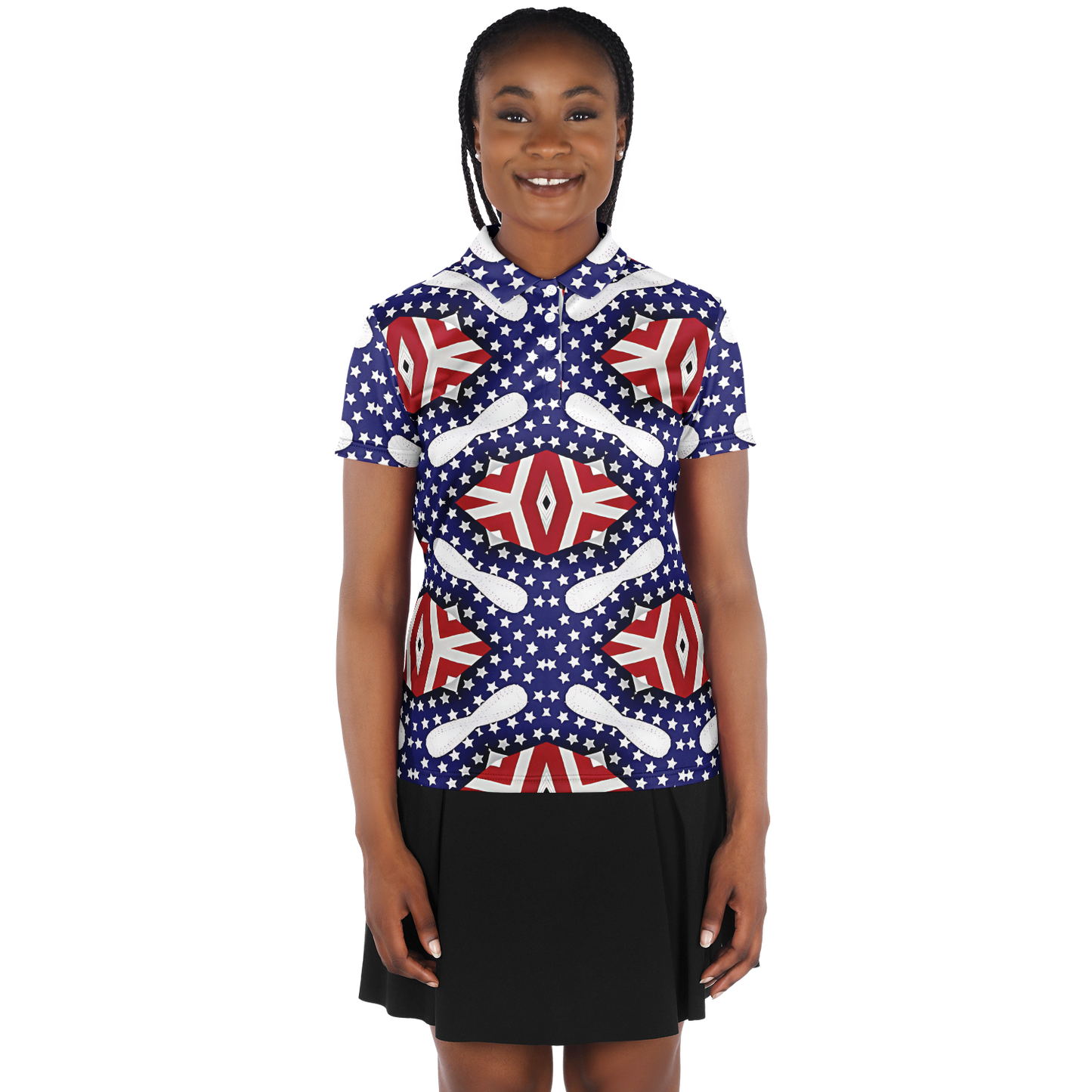 Women's White Blue & Red Patterned Polo Shirt Polo Shirt