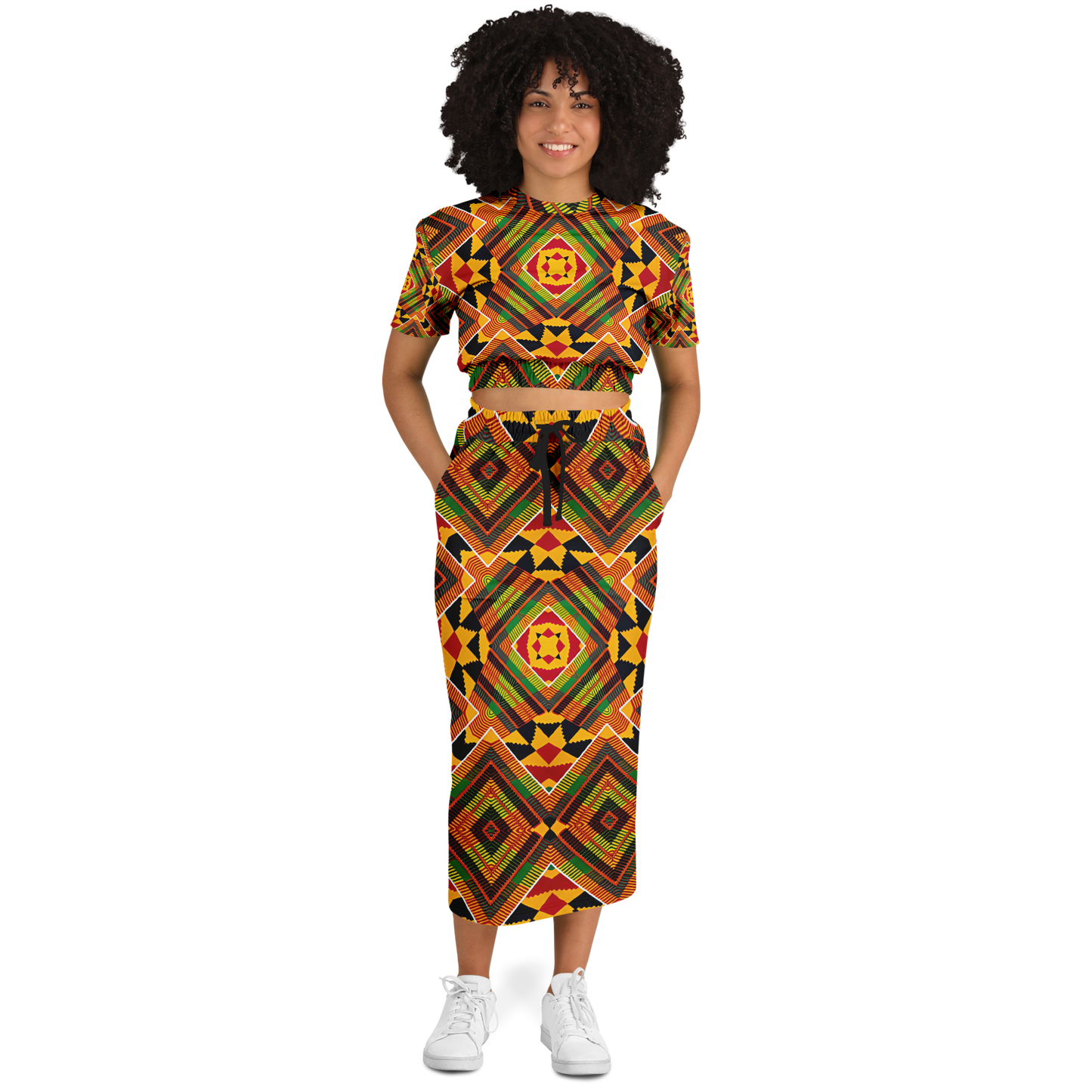 Women's Fashion Cropped Short Sleeve Sweatshirt and Long Pocket Skirt Set