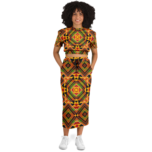 Women's Fashion Cropped Short Sleeve Sweatshirt and Long Pocket Skirt Set