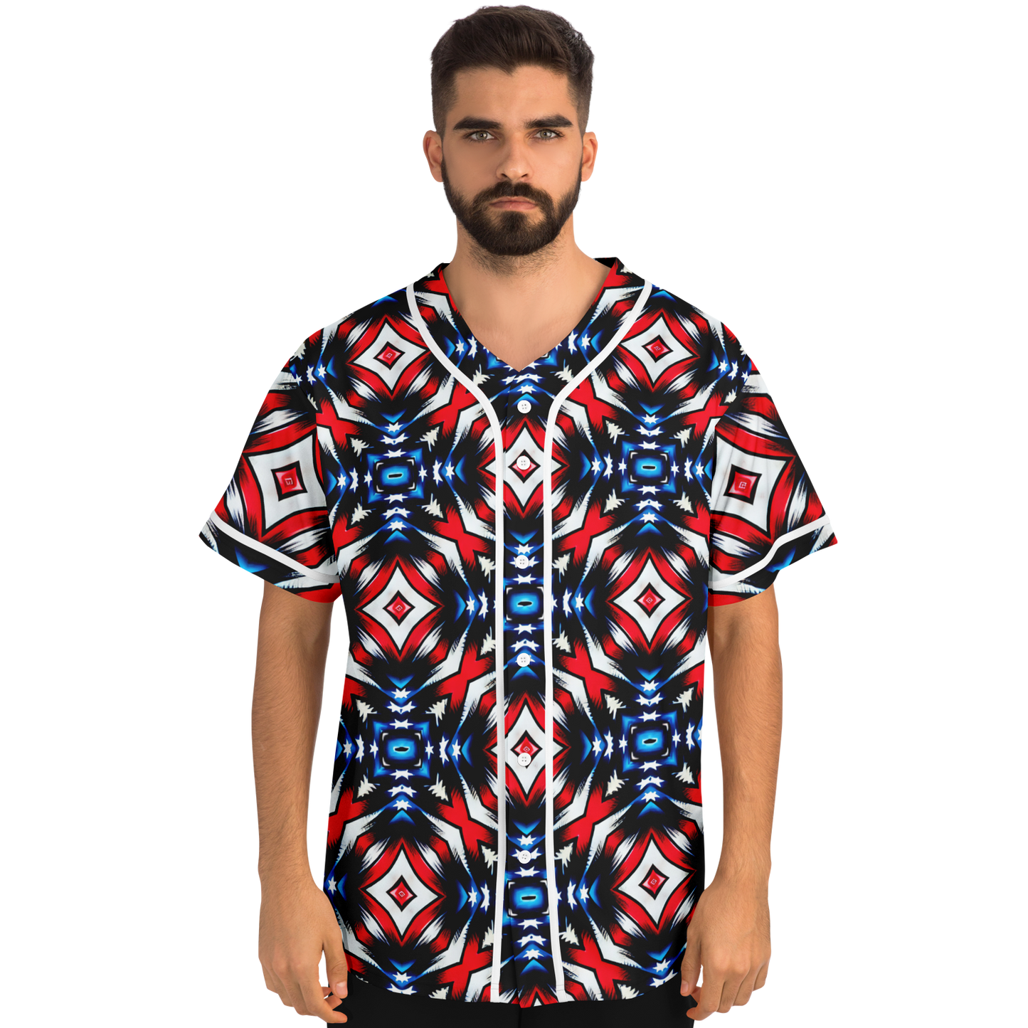 Men's Red White Blue Geometric Pattern All-Over Print Baseball Jersey