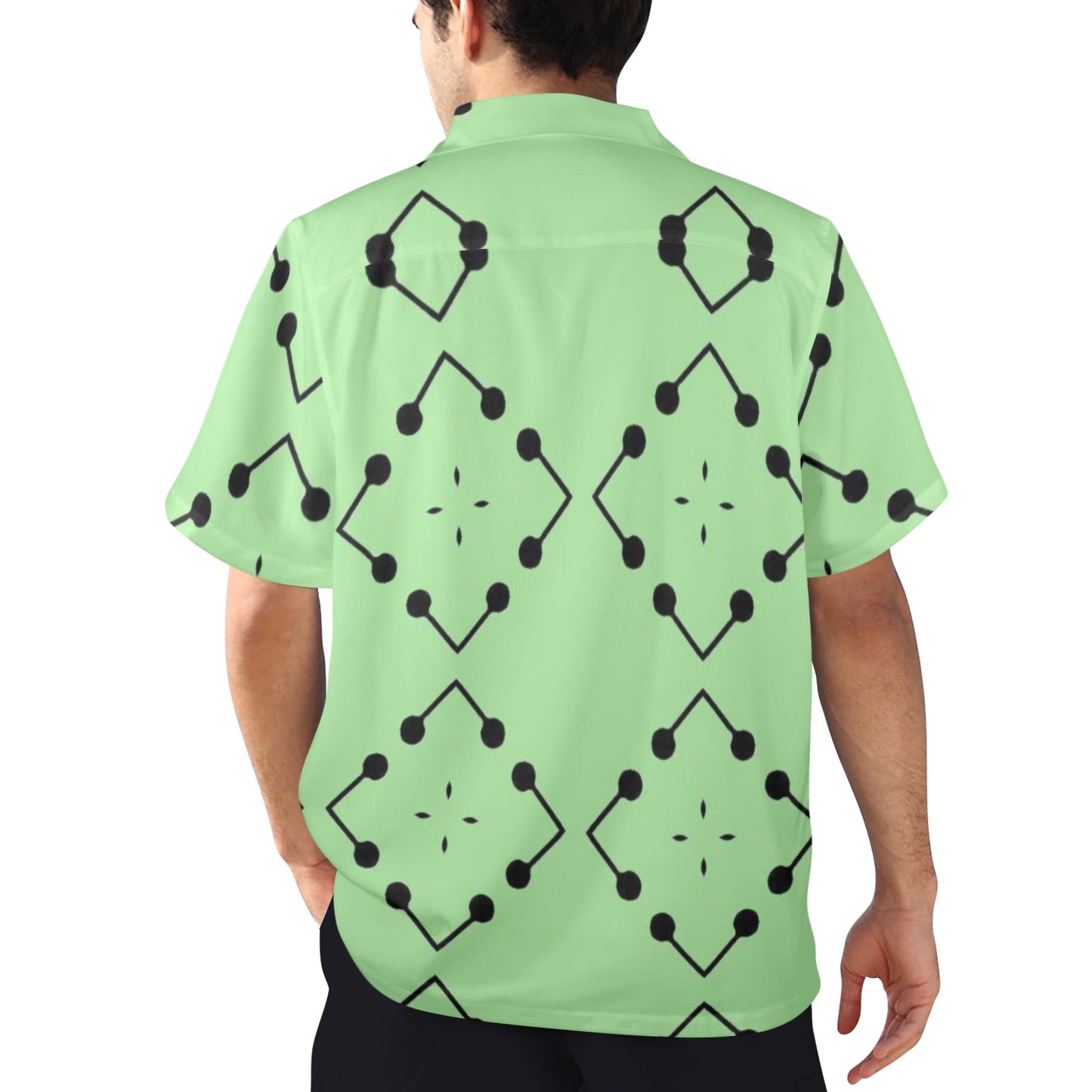 Men's Bold Green Geometric Black Dot-Node Pattern All-Over Print Hawaiian Shirt