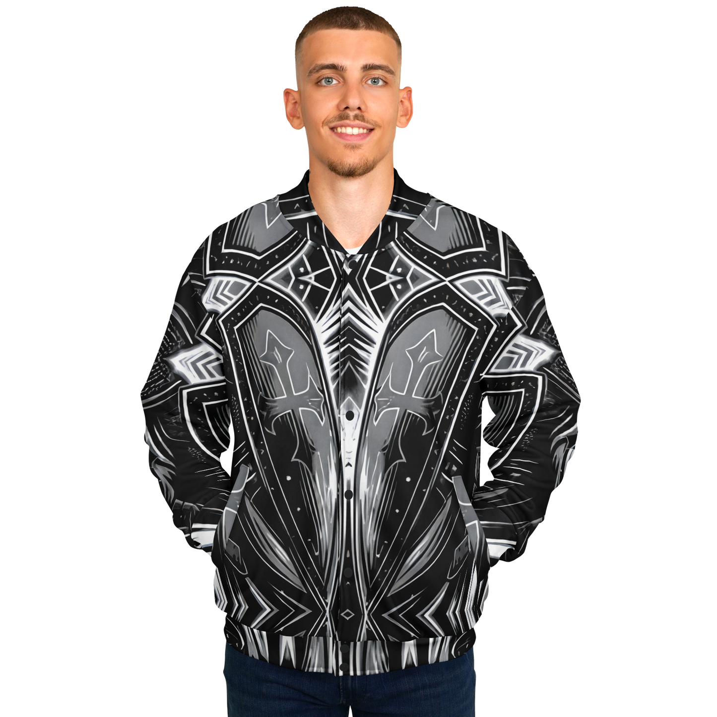 Men's Black & Silver Symmetry Pattern All-Over Print Baseball Jacket