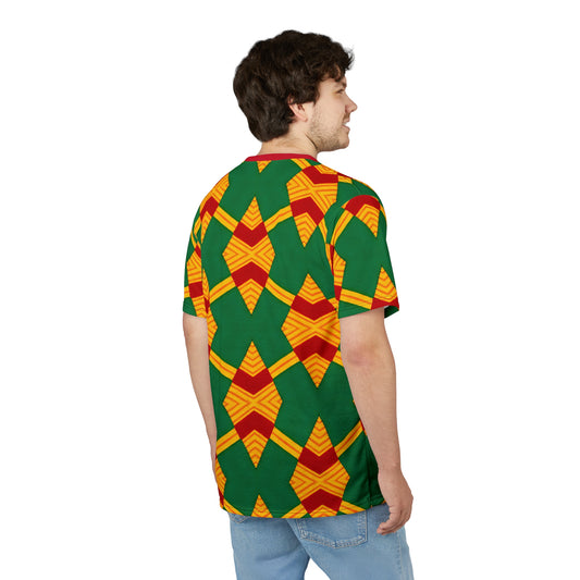 Men Bold Green, Red & Gold African Kente-Inspired Pattern  All-Over Print Tee