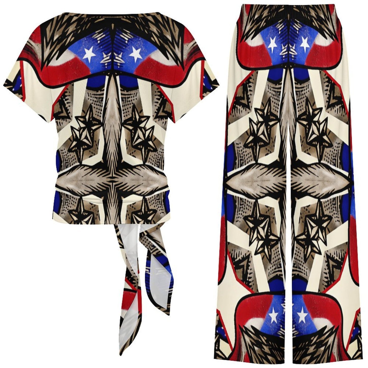 Women's Patriotic Stars & Cross Kaleidoscope Pattern All-Over Print Side-Tie Short Sleeve Top & Wide-Leg Pants Set