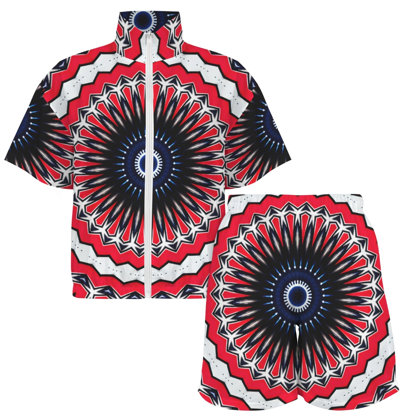 Women's Patriotic Red White Blue Geometric Windbreaker Short Set