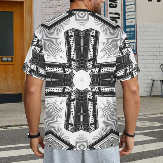 Men's Black & White Kaleidoscope Cross Pattern All Over Print All Over Print Ribbed Collar T-Shirt