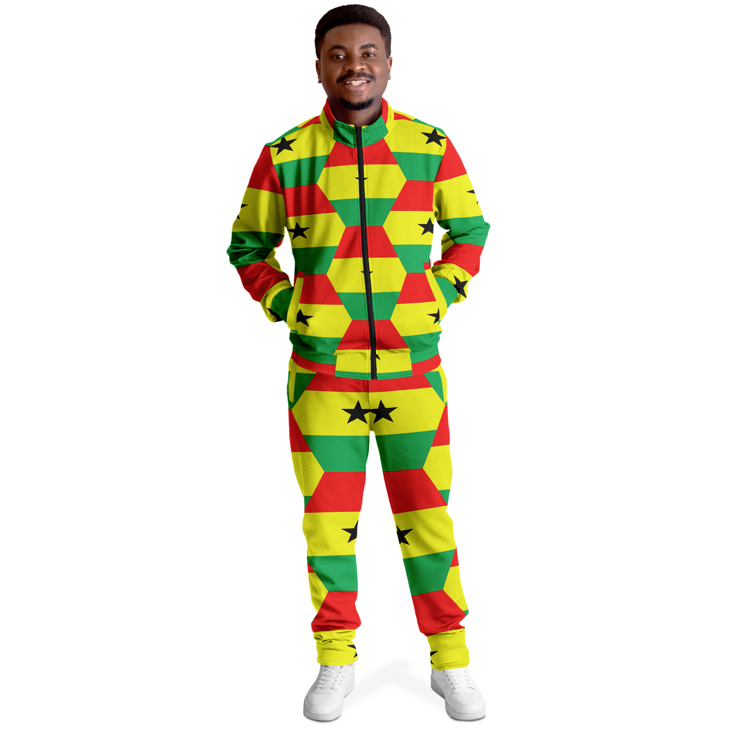 Men's Red Yellow Green Stars Flag Hex Pattern Track Jacket and Pants