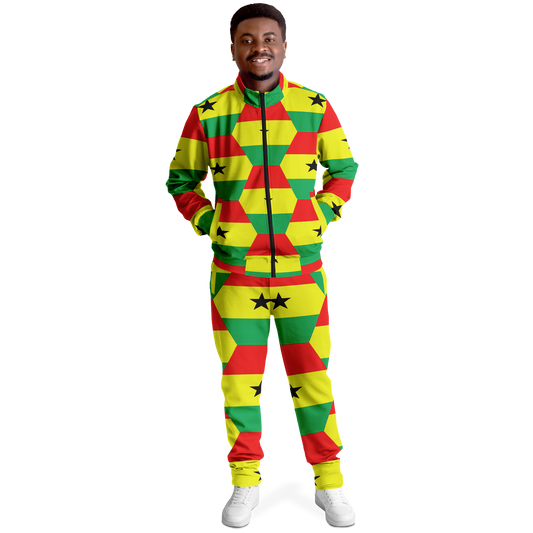 Men's Red Yellow Green Stars Flag Hex Pattern Track Jacket and Pants