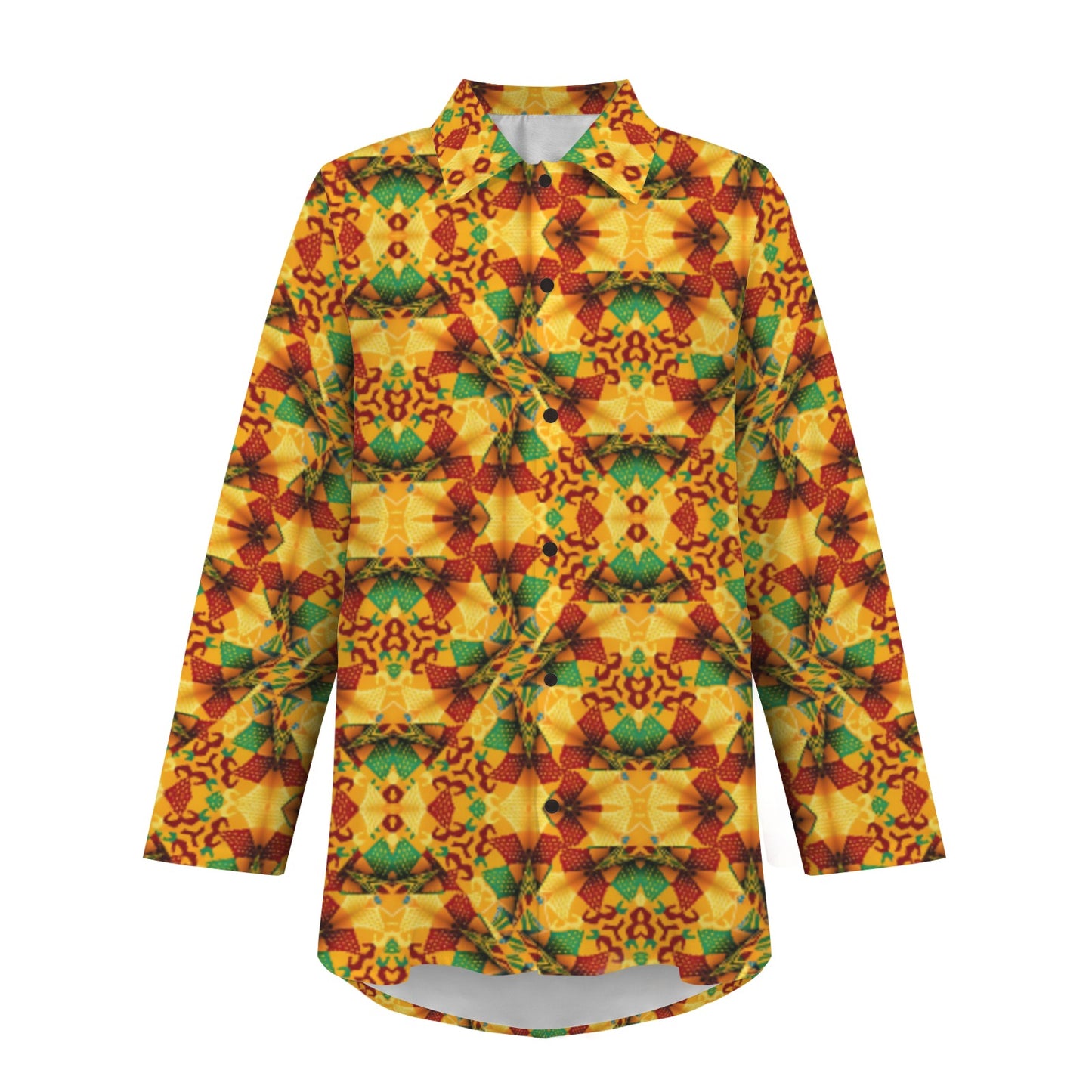 Women's Vibrant African Kente Geometric Pattern All Over Print Long Sleeve Curved Hem Shirt