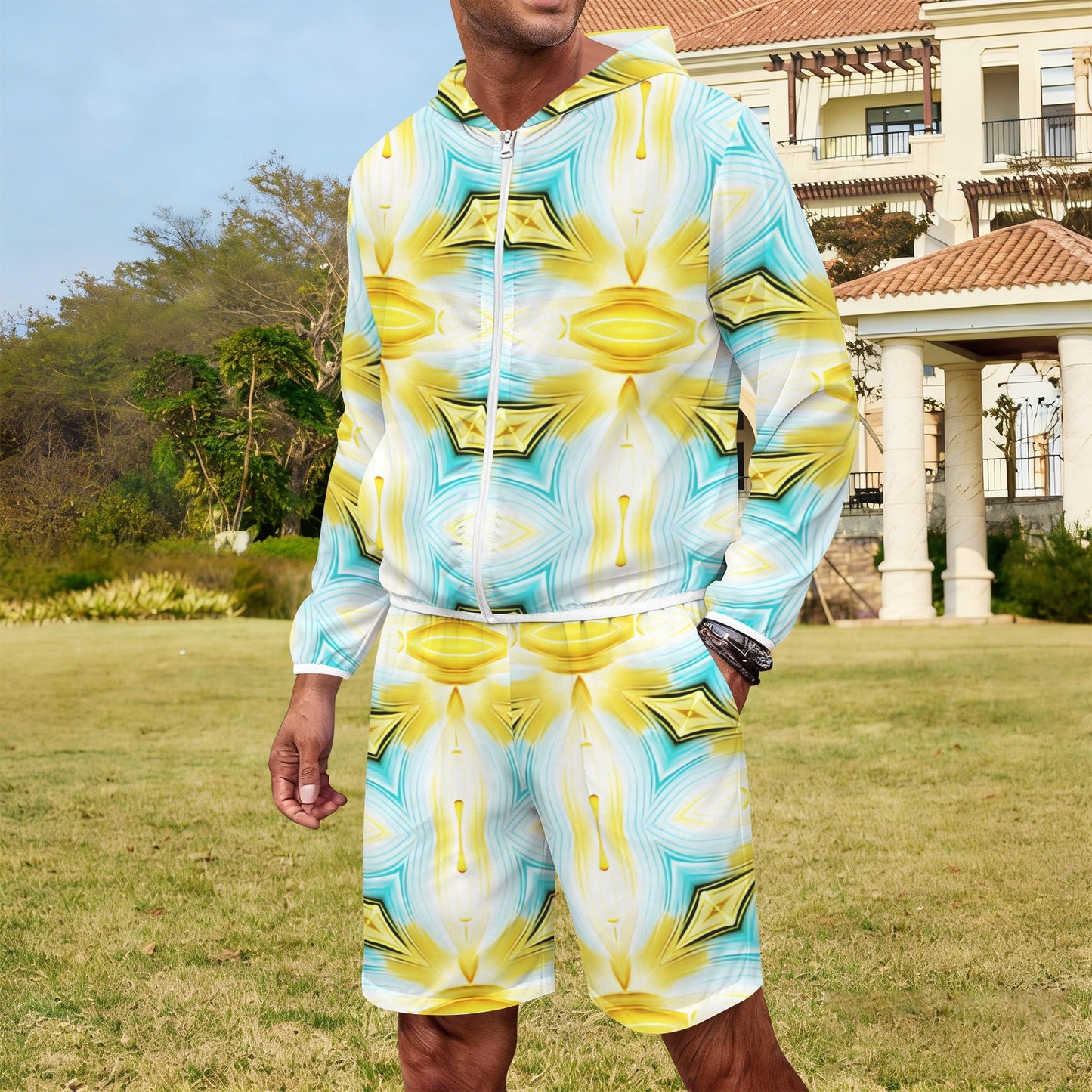 Men's Vibrant Kaleidoscope Geo Pattern All-Over Lightweight Sun Hoodie & Shorts Set