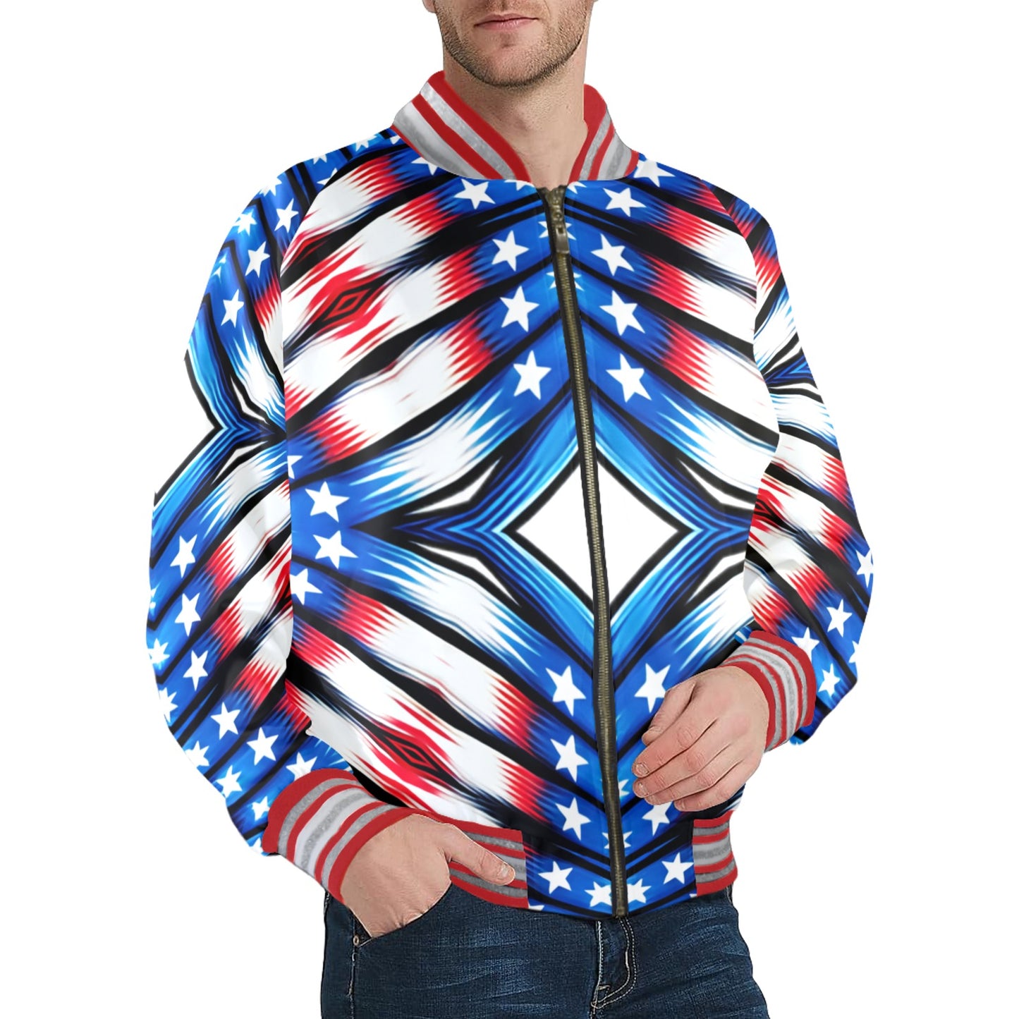 Men's Red White Blue Geometric Pattern All-Over Print All Over Print Striped Trim Bomber Jacket