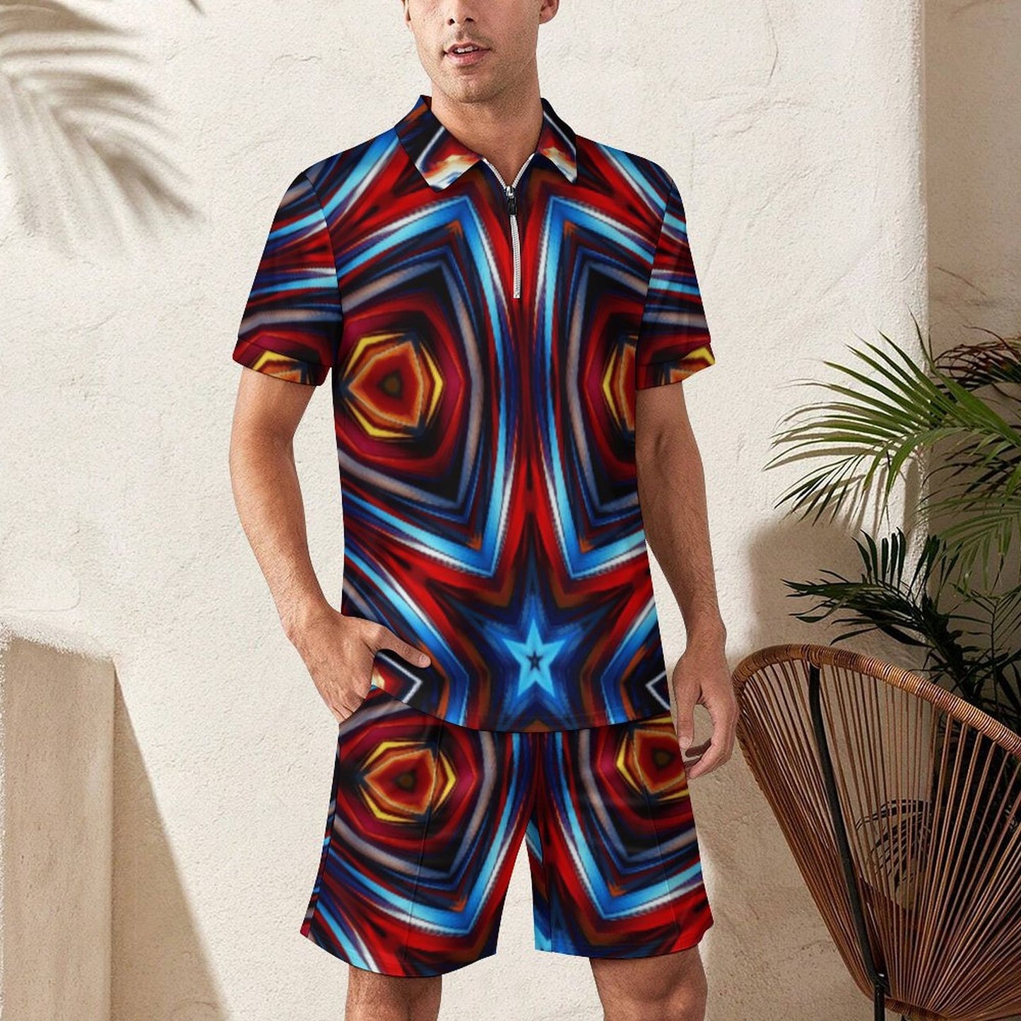Men's Patriotic Red White Blue Geometric Zip-Up Polo Set