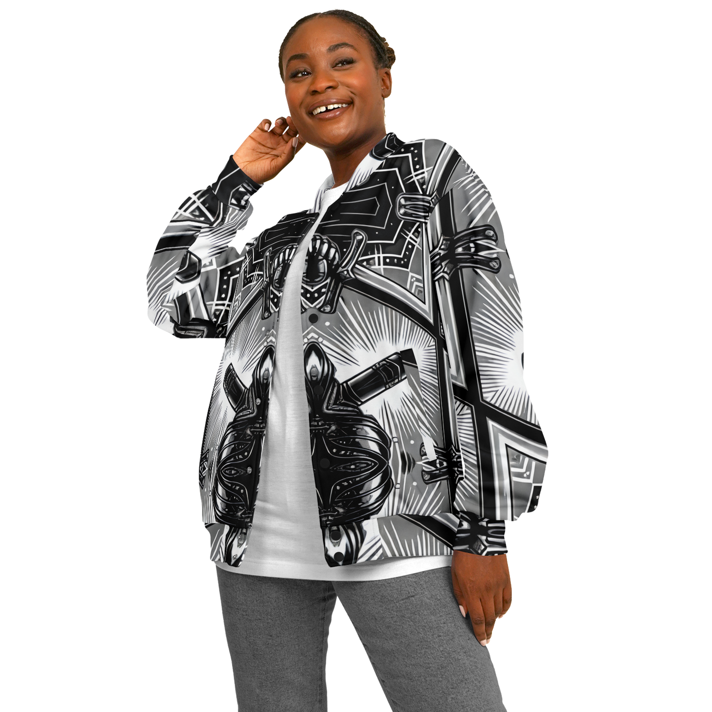 Women's Monochrome Kaleidoscope Pattern Men's All Over Print Baseball Jacket