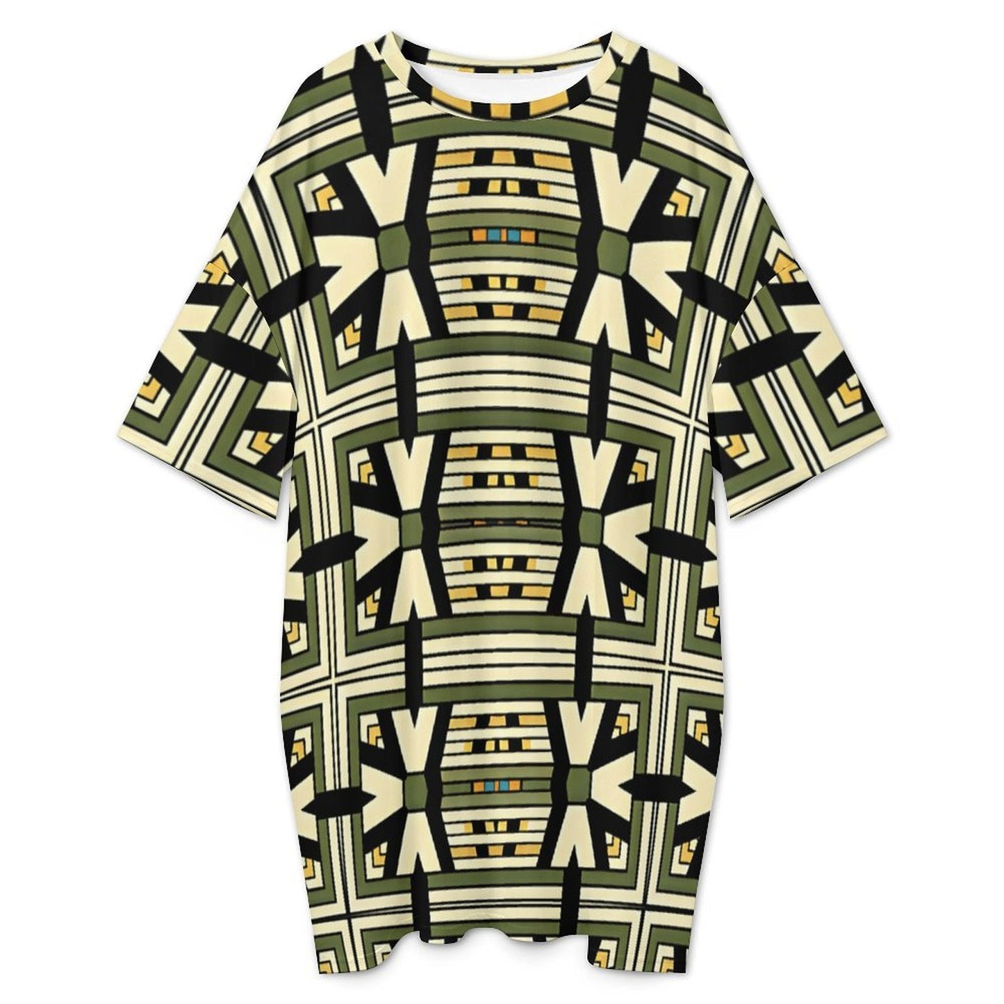 Women's Geometric Olive Green Tribal Pattern All Over Print Oversized T- Shirt Loungewear