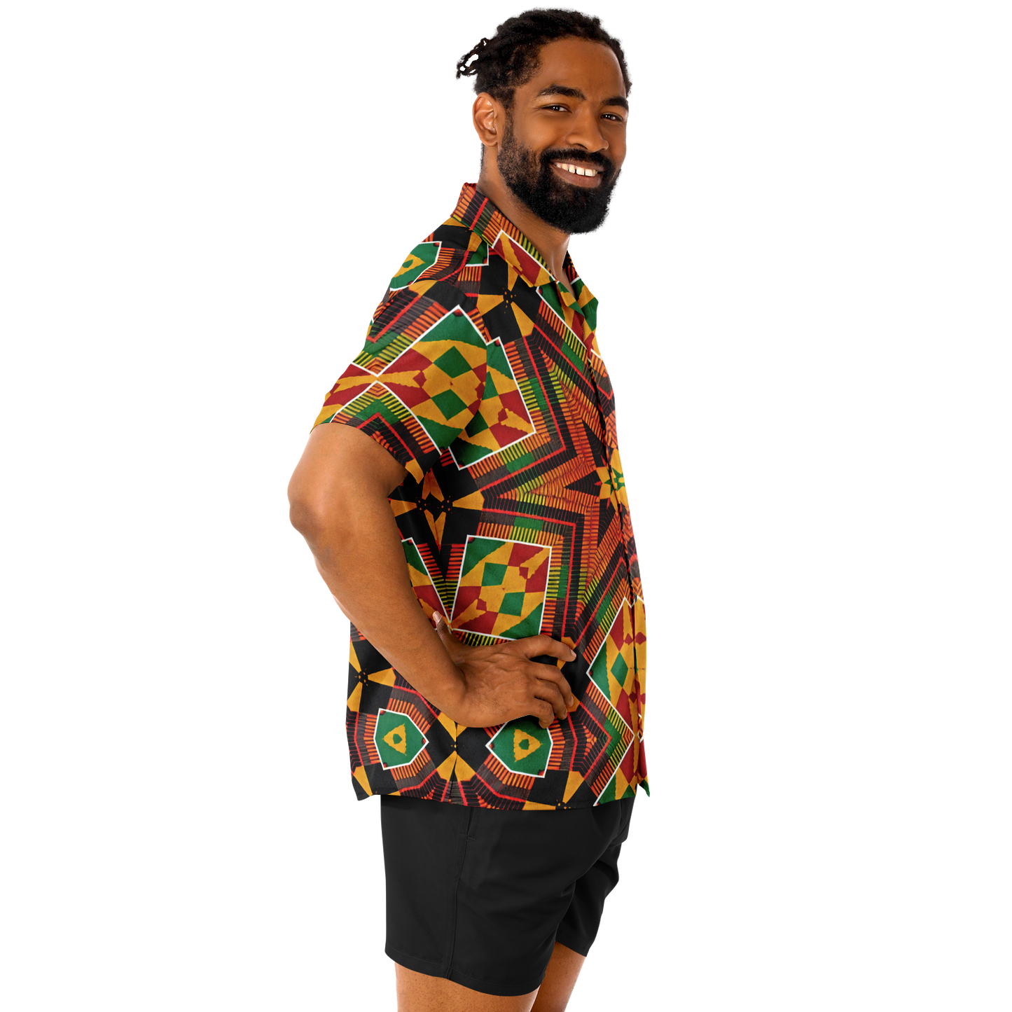 Men's African Kente Geometric Star Pattern All-Over Print Spread Collar Short Sleeve Button-Down Shirt
