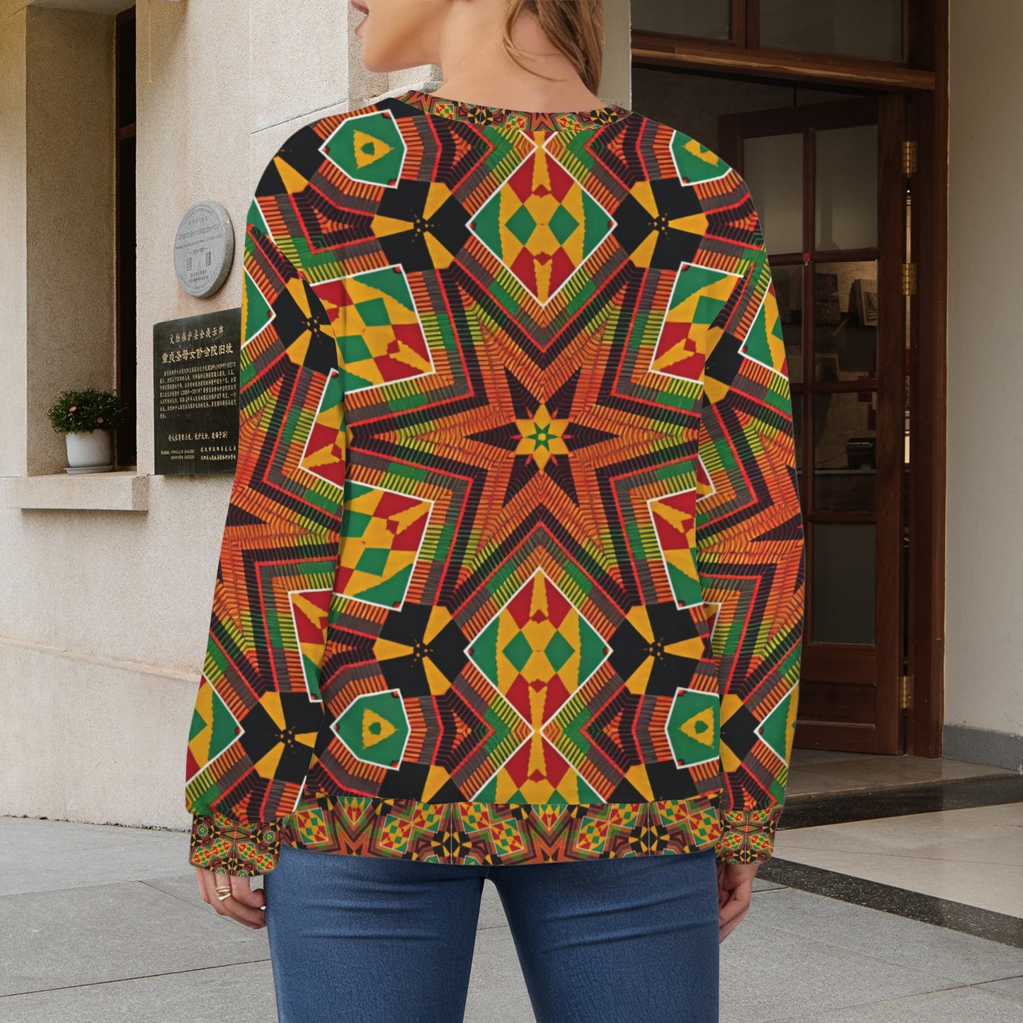Women’s African Kente Geometric Star Pattern All-Over Print Crew Neck Sweater.