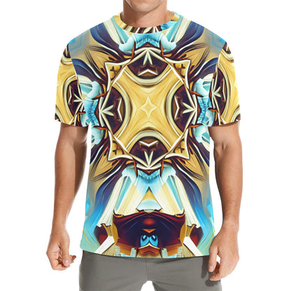 Men's Abstract Teal & Gold Pattern All Over Print  Crew Neck T-Shirt