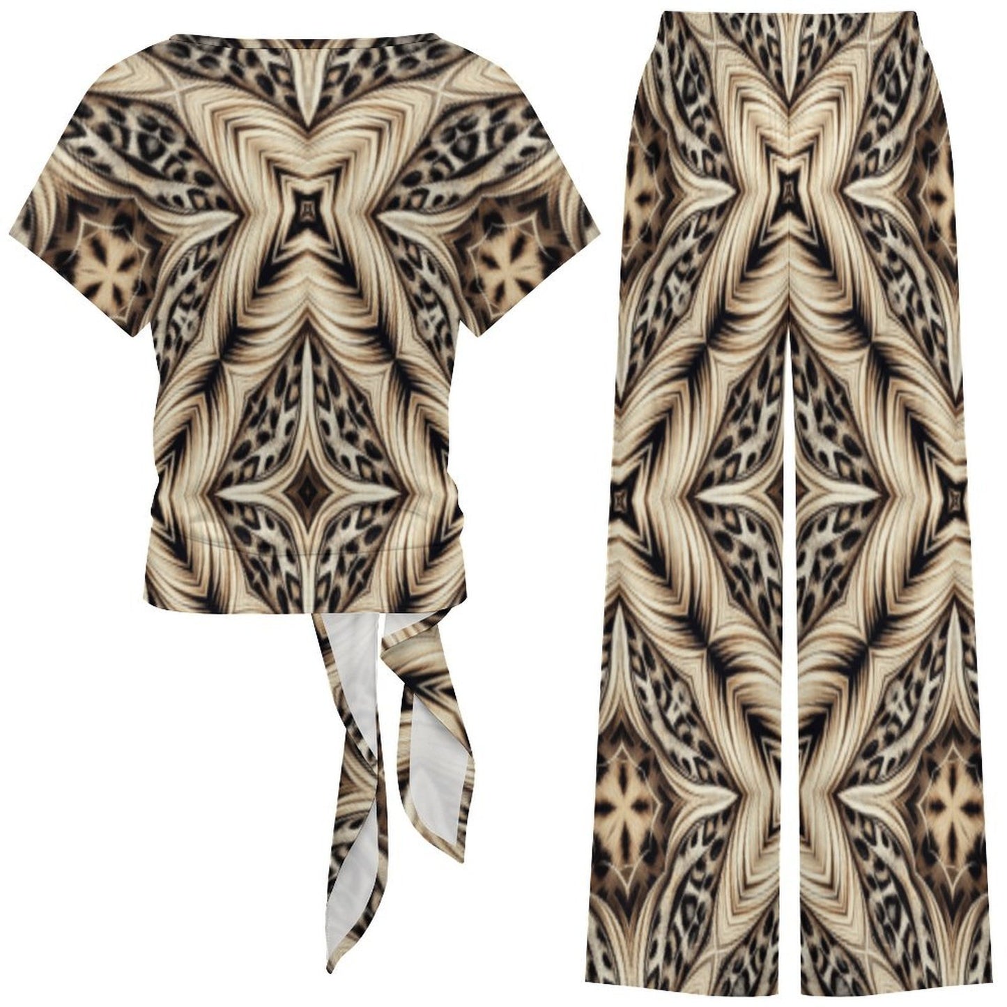 Women's Geometric Kaleidoscope Brown Pattern All Over Print Side-Tie Short Sleeve Top & Wide-Leg Pants Set