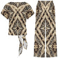 Women's Geometric Kaleidoscope Brown Pattern All Over Print Side-Tie Short Sleeve Top & Wide-Leg Pants Set