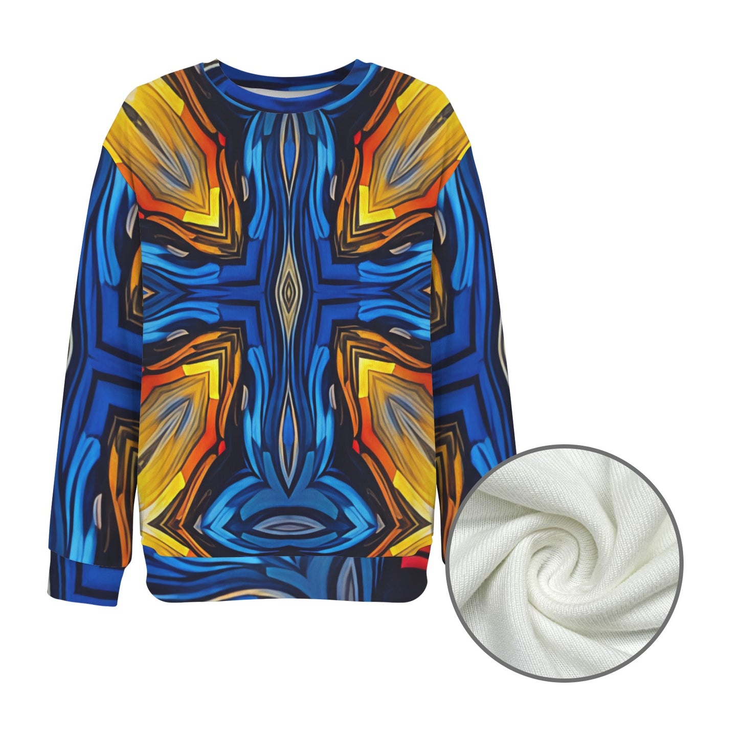 Women's Bold Blue & Gold Abstract Pattern All-Over Print Crew Neck Sweater