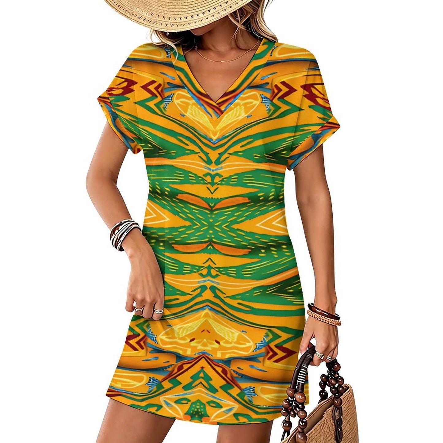 Women's Tropical Kaleidoscope Bold Green & Gold Pattern All-Over Print Casual V-Neck Dress with Rolled Cuffs