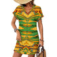 Women's Tropical Kaleidoscope Bold Green & Gold Pattern All-Over Print Casual V-Neck Dress with Rolled Cuffs