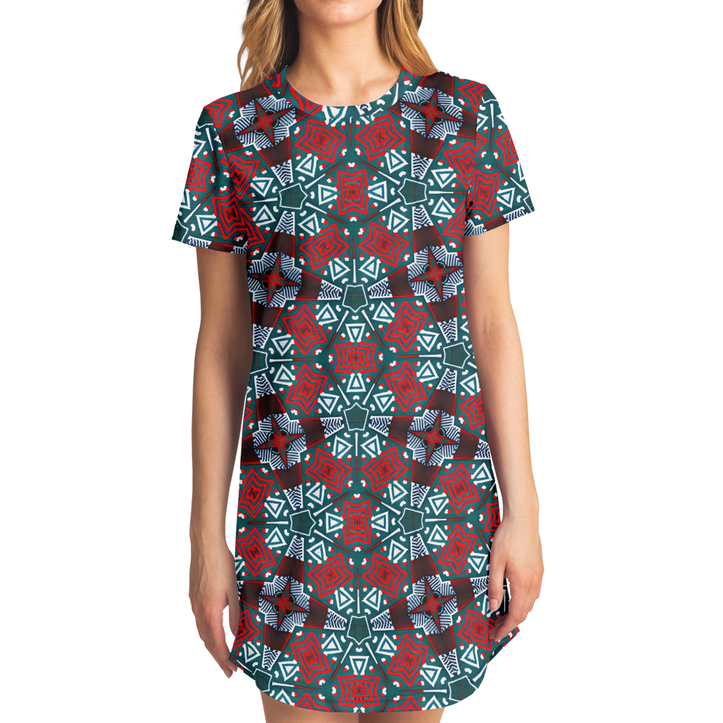 Women's Red, Green & White Teal Aztec Geo Pattern All-Over Print T-Shirt Dress