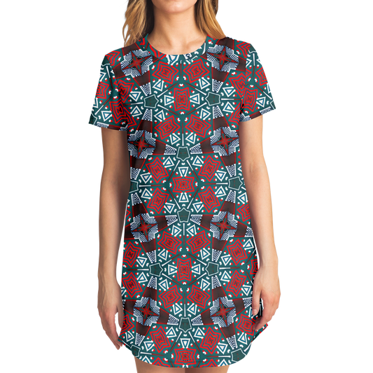 Women's Red, Green & White Teal Aztec Geo Pattern All-Over Print T-Shirt Dress