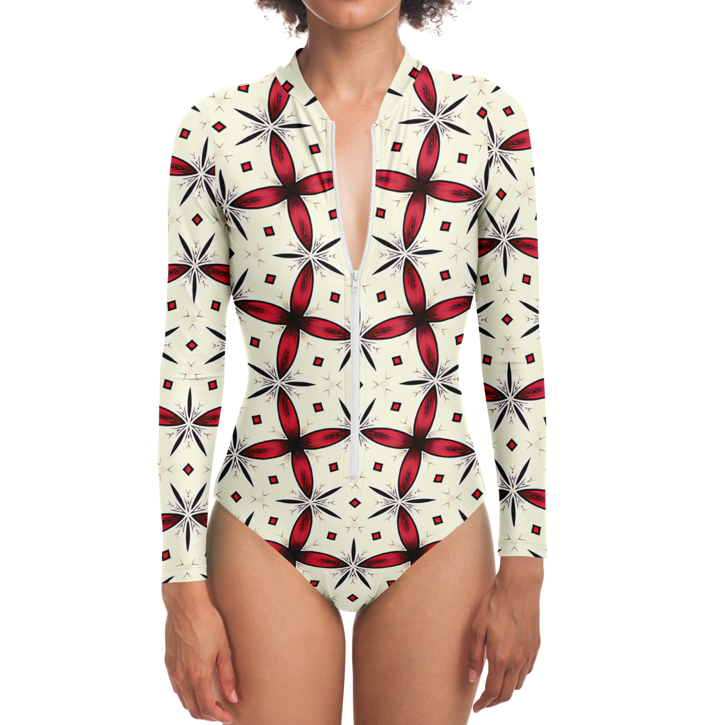 Women's Red & Black Geometric Pattern Bodysuit Long Sleeve