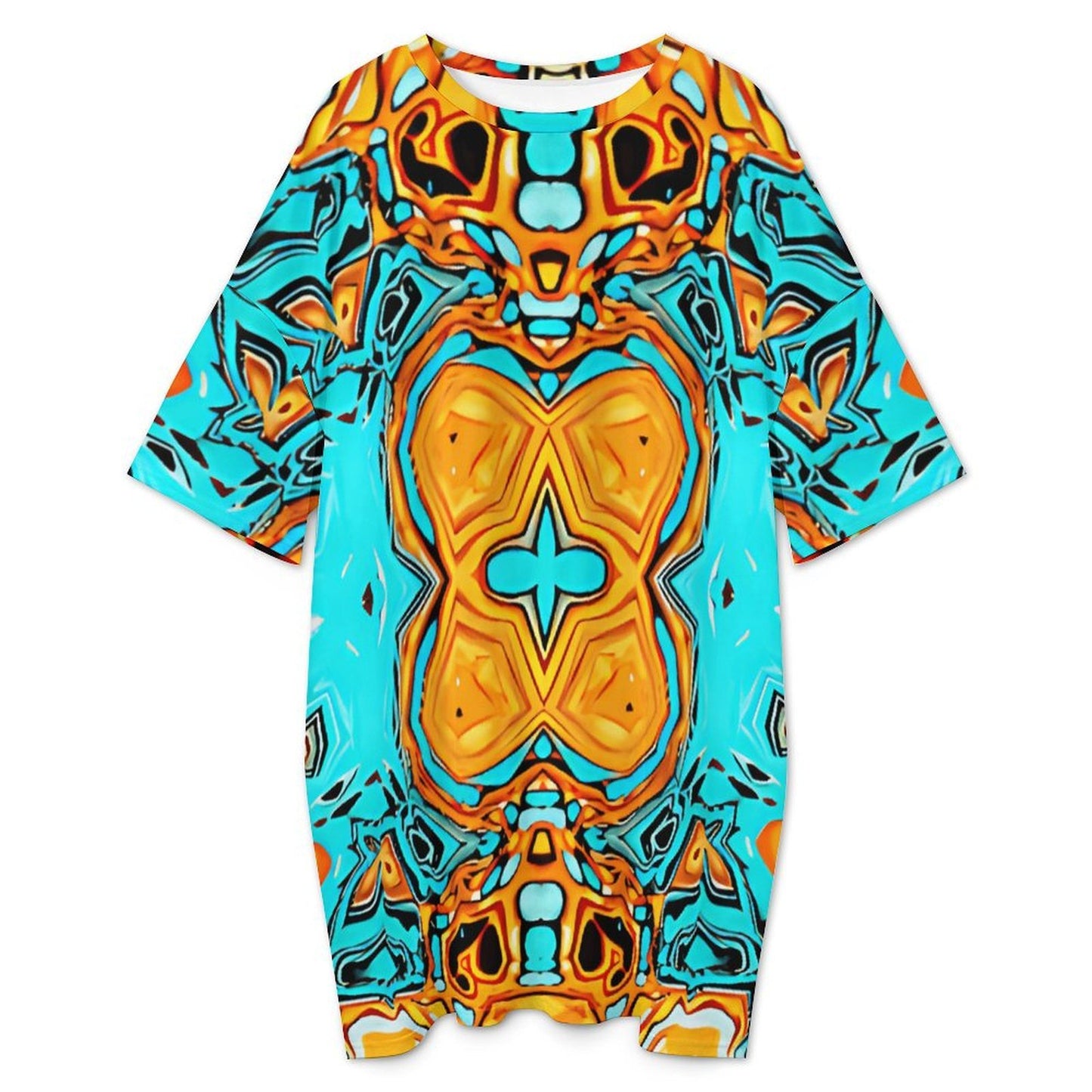 Women's Turquoise & Orange Geometric Pattern All Over Print Oversized T- Shirt Loungewear