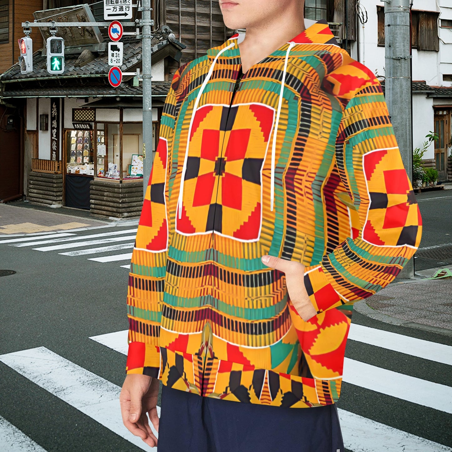 Men's Vibrant African Kente-Inspired Pattern All-Over Print Men's Fleece Full-Zip Hoodie