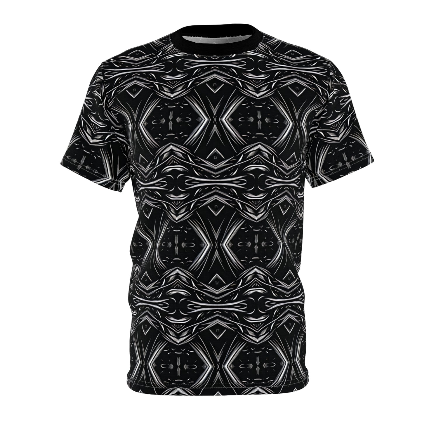 Women's Black Geometric Kaleidoscope Pattern All-Over Print Tee