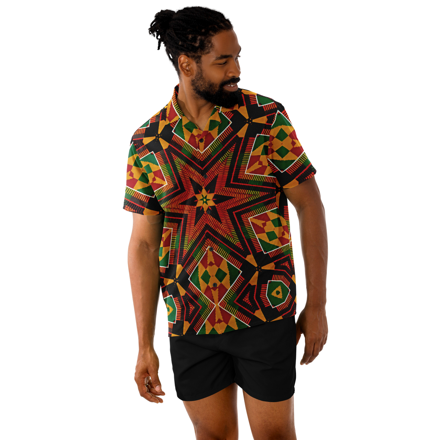 Men's African Kente Geometric Star Pattern All-Over Print Spread Collar Short Sleeve Button-Down Shirt