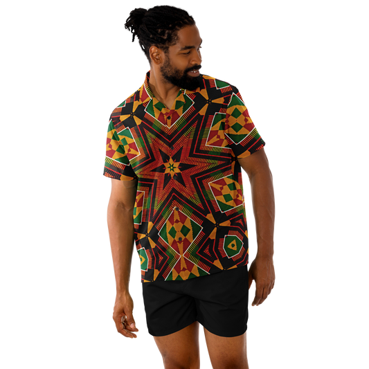 Men's African Kente Geometric Star Pattern All-Over Print Spread Collar Short Sleeve Button-Down Shirt