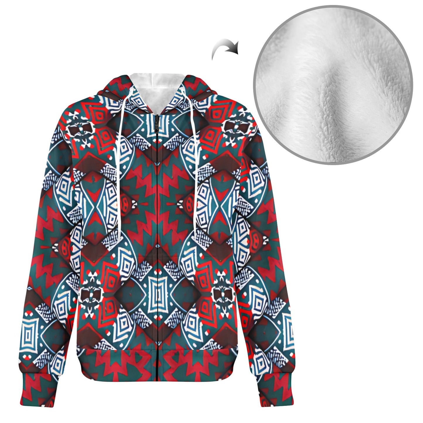 Men's Red, Green & White Teal Aztec Geo Pattern All-Over Print Fleece Full-Zip Hoodie