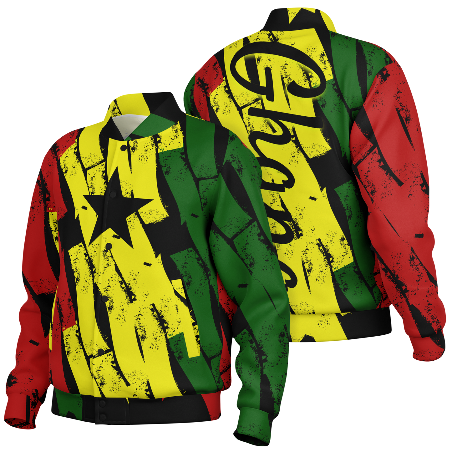 Women's Ghana Flag & Black Star Pattern All-Over Print Baseball Jacket